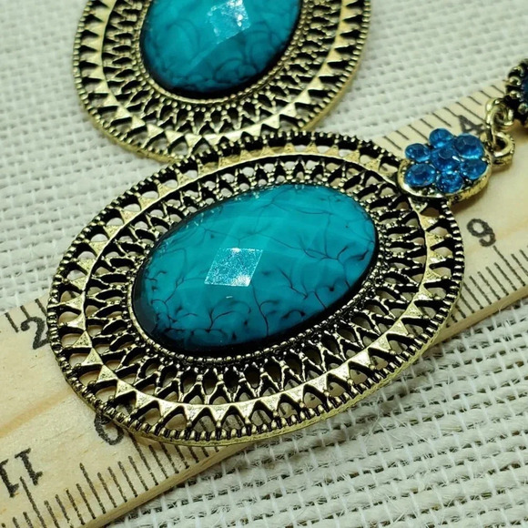Bold Antiqued Swirl Gem Earrings Turquoise Bronze - Picture 6 of 6